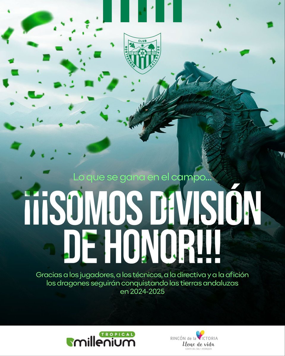 💚SOMOS DE DIVISIÓN DE HONOR💚

👏🏻 Nuestro equipo se lo ganó en el campo pero estábamos pendientes de posibles arrastres.

💪🏻 Con el ascenso del Almería B en el día de ayer, se confirma que el CD Benagalbón sigue haciendo historia y competirá un año más en categoría autonómica.