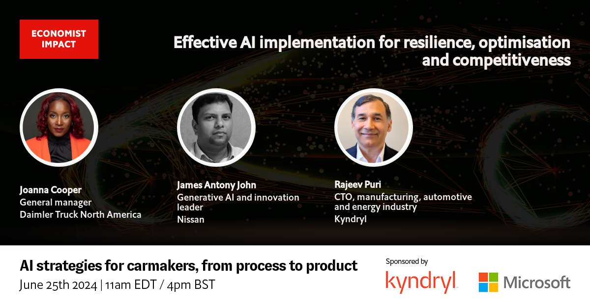 EconomistEvents's tweet image. Last chance to register! Join our two-part virtual event tomorrow sponsored by @Kyndryl and @Microsoft, to hear insights and case studies from experts. #AIforAuto
Register: bit.ly/44zbIHL