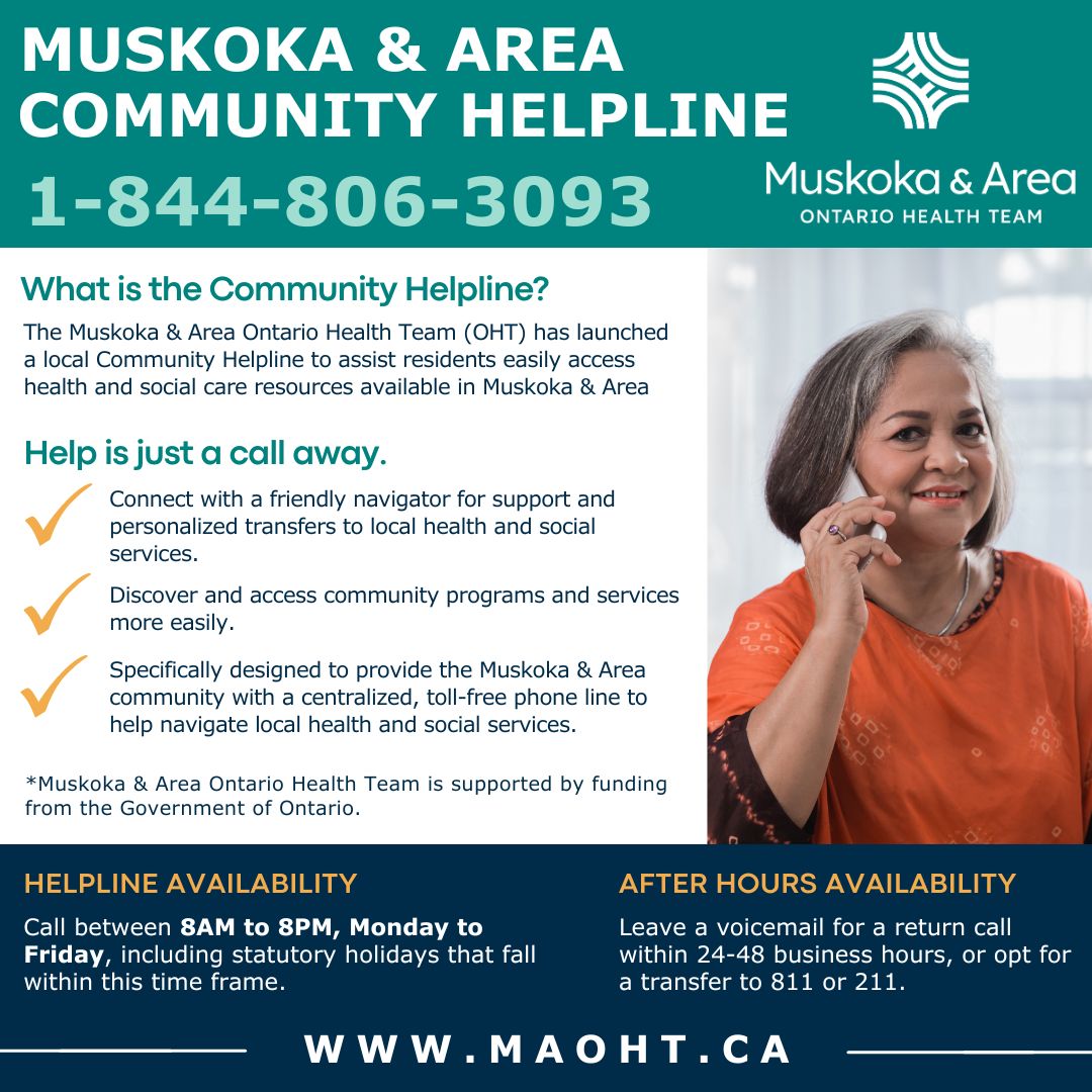 MuskokaAlmaguin's tweet image. Introducing the Muskoka &amp;amp; Area #CommunityHelpLine!🌟 #AccessHealth and #SocialCare resources with ease. Just one call connects you with a friendly navigator for personalized support and transfers to local services. Simply dial 1-844-806-3093 to be connected.📞 #OHT #MAOHT
