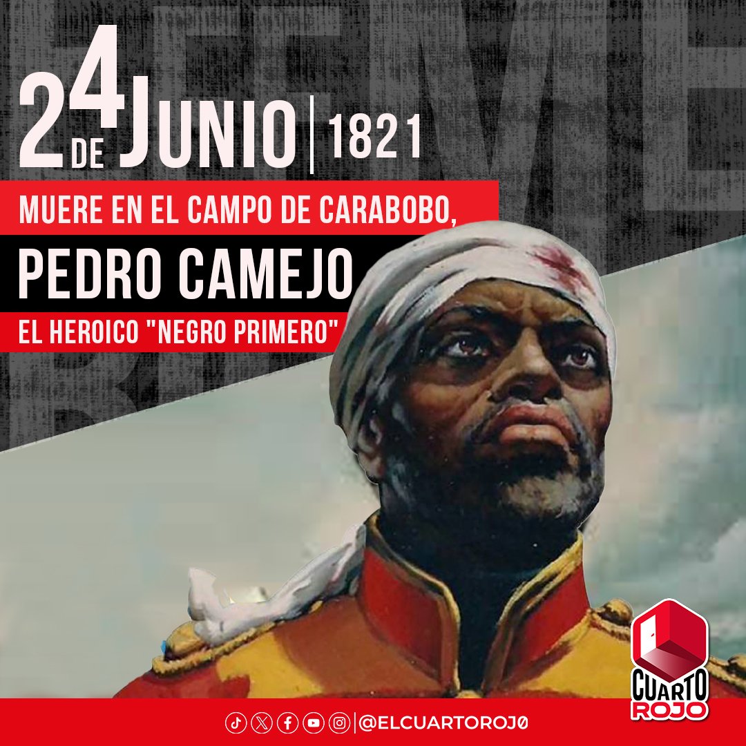 Durante la Batalla de Carabobo cayó en combate Pedro Camejo, conocido como "Negro Primero".

Uno de los 150 lanceros de las Queseras del Medio.

"Mi General vengo a decirle adiós, porque estoy muerto", ¡Honor y gloria, gigante! 🇻🇪

#PatriaAntiimperialista