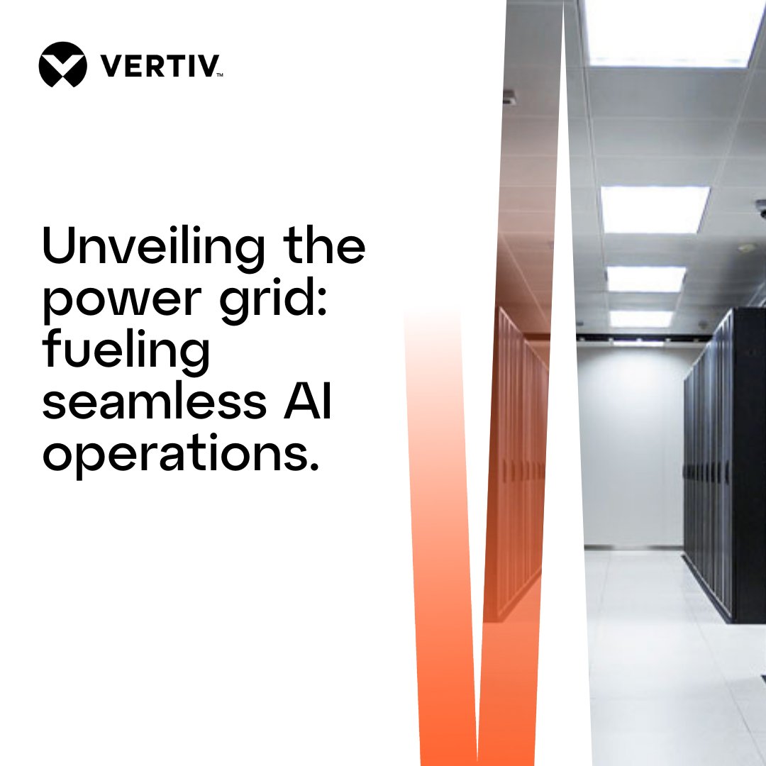 Vertiv's tweet image. ⚡️ Keeping the lights on in data centers isn&apos;t just about plugging in. Explore the intricate network of power distribution units, UPSs, and more that fuel AI operations seamlessly. ms.spr.ly/6011YF8nV 
#DataCenter #AI #PowerInfrastructure