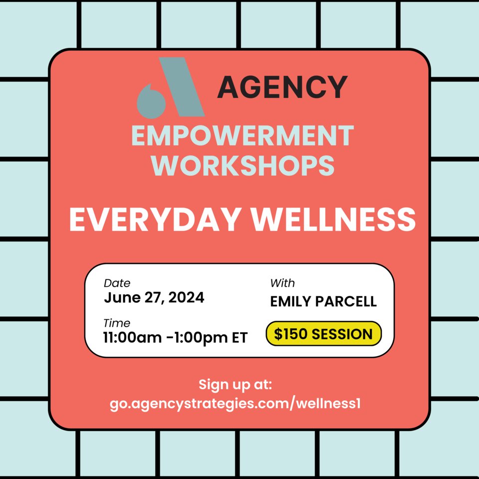 Last call for our AGENCY Empowerment workshop on Everyday Wellness. Join us and help change the culture of professional politics.

Sign up at: go.agencystrategies.com/wellness1

#politicalprofessionals #selfcare #wellness #stoptheburnout