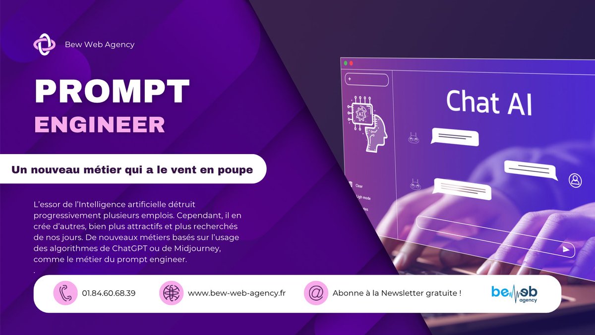 bew_web_agency's tweet image. L’essor de l’#IA détruit progressivement plusieurs emplois. Cependant, il en crée d’autres, bien + attractifs et plus recherchés. De nouveaux métiers basés sur l’usage des algorithmes de #ChatGPT ou de Midjourney, comme le métier du #prompt_engineer. 🤖👇🏻
bew-web-agency.fr/prompt-enginee…
