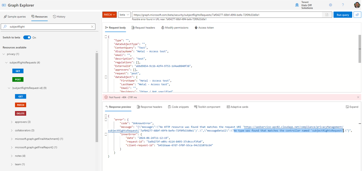 hatsoffsolution's tweet photo. @Microsoft365Dev https://t.co/I5ZBCLyar5 is not working. Please help asap

Constantly getting error message: No type was found that matches the controller named 'subjectRightsRequest' https://t.co/pAd0okSe2j
