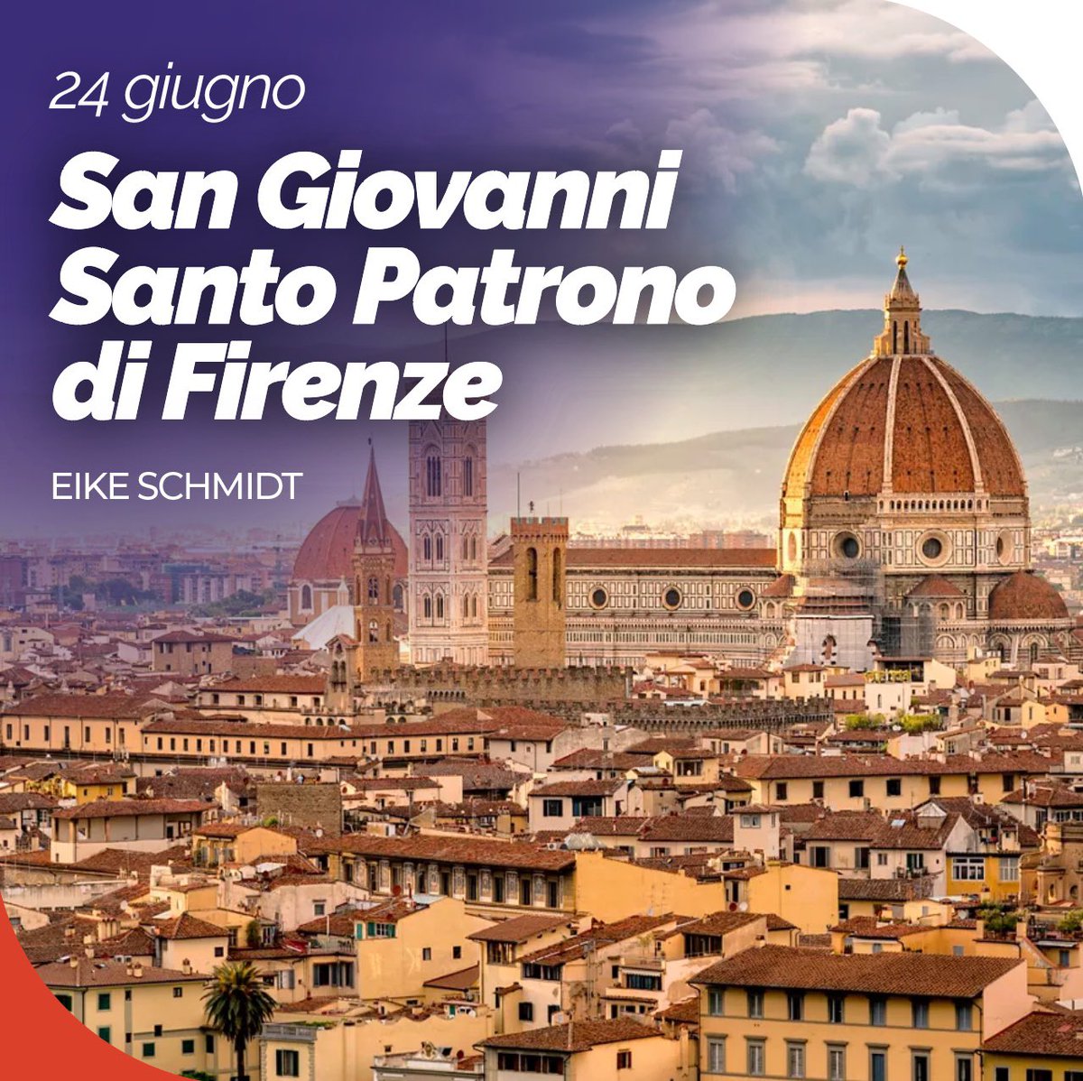 eike_schmidt_'s tweet photo. Oggi è San Giovanni, il “più grande fra i nati di donna”, come lo definì Gesù stesso. 
Quale altro santo, dunque, sarebbe stata una scelta migliore di questa per un patrono magnifico di una Firenze magnifica.

Patrono almeno fin dall’XI secolo, quando si comincia  a festeggiarlo il 24 giugno con grandi parate e processioni cittadine, va a sostituire ogni altro santo co-patrono nel cuore di una città orgogliosa e forte, che quando venne fondata dai reduci dell’esercito romano si era dedicata al dio Marte.

Il santo integerrimo, dalla predicazione forte e coraggiosa, trova la morte per aver sanzionato i dominanti corrotti e ambigui del suo tempo, con un linguaggio inequivocabile e non politically-correct (come si direbbe oggi).

Il mio augurio a noi fiorentini di oggi è di avere ereditato una scintilla del suo fuoco. Quello per cui, in tempo più clemente di oggi, si fanno nella notte i meravigliosi “fòchi”.
