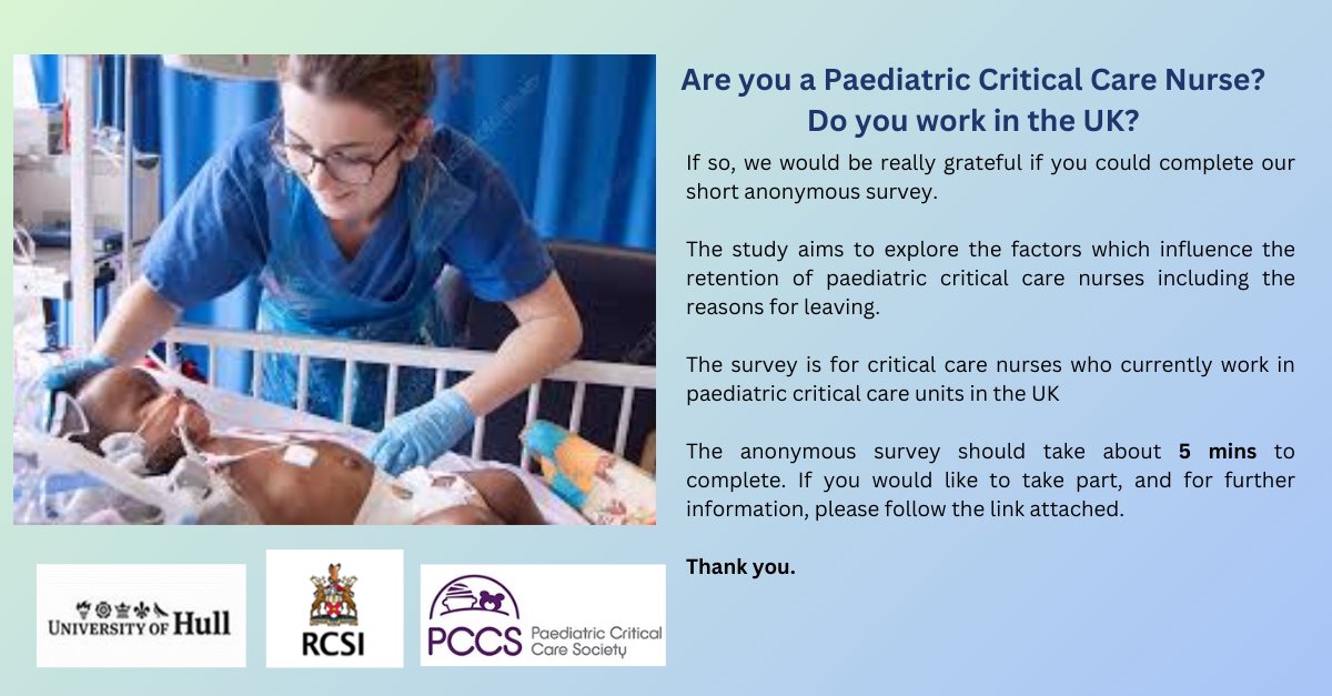 Nicki Credland 💙 (@credland_nicki) on Twitter photo 🚨 NEW STUDY!!
Are you a UK based Paediatric Critical Care Nurse?
Are you interested in retaining your expert workforce?
WE NEED YOU!!
Please take part in our workforce survey
app.onlinesurveys.jisc.ac.uk/s/hull/uk-paed…
<a href="/carli_whittaker/">Carli Whittaker</a> <a href="/PICSociety/">Paediatric Critical Care Society</a> <a href="/UniOfHull/">University of Hull</a> <a href="/FacHealthHull/">Hull Health Sciences</a> <a href="/Natalie_McEvoy/">Natalie McEvoy</a> 🚨 NEW STUDY!!
Are you a UK based Paediatric Critical Care Nurse?
Are you interested in retaining your expert workforce?
WE NEED YOU!!
Please take part in our workforce survey
app.onlinesurveys.jisc.ac.uk/s/hull/uk-paed…
<a href="/carli_whittaker/">Carli Whittaker</a> <a href="/PICSociety/">Paediatric Critical Care Society</a> <a href="/UniOfHull/">University of Hull</a> <a href="/FacHealthHull/">Hull Health Sciences</a> <a href="/Natalie_McEvoy/">Natalie McEvoy</a>