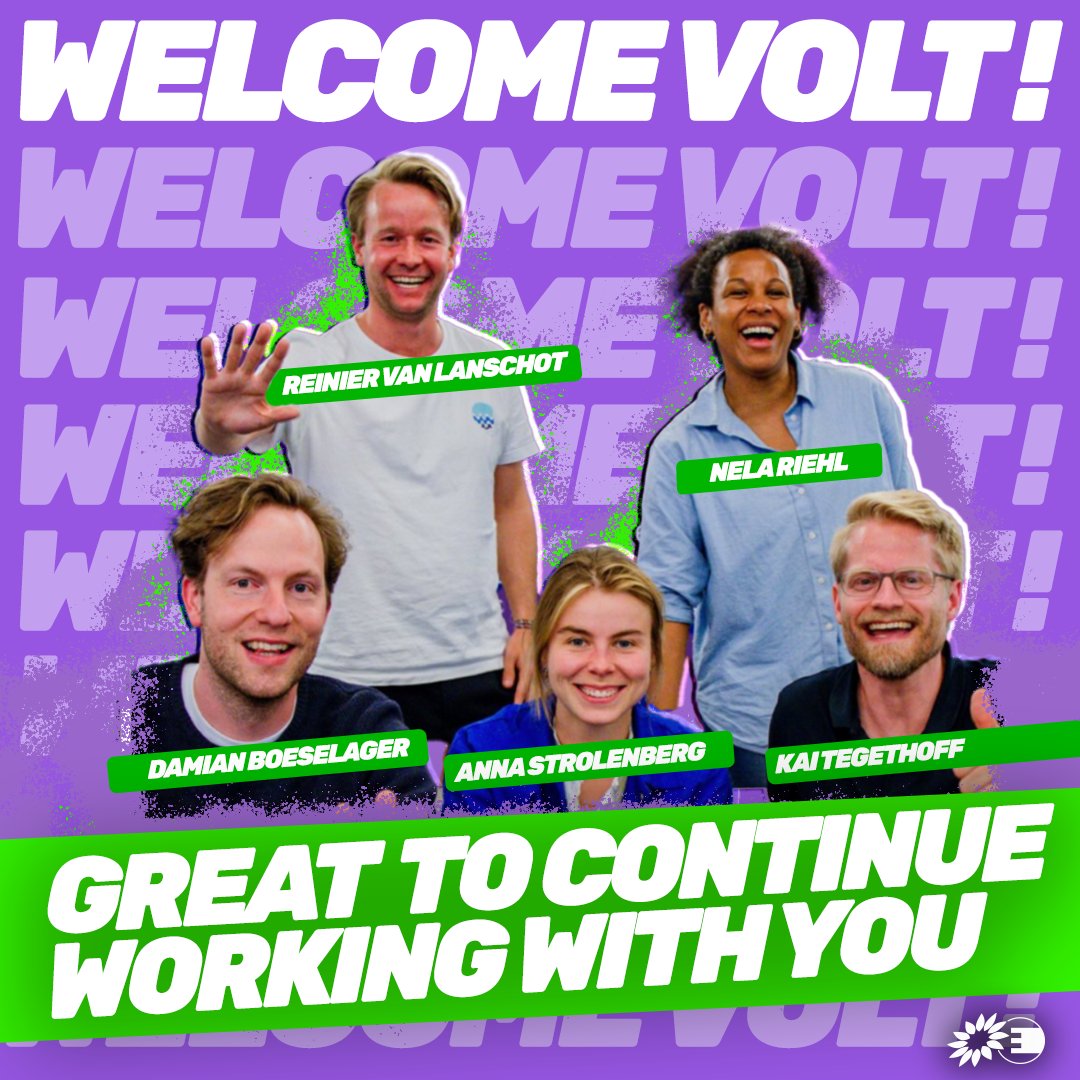 We are happy to continue our good teamwork with <a href="/VoltEuropa/">Volt Europa</a>!

Re-elected MEP <a href="/d_boeselager/">Damian Boeselager</a> and newly elected MEPs <a href="/annastrolenberg/">Anna Strolenberg</a>, <a href="/RLanschot/">Reinier van Lanschot</a>, Nela Riehl and <a href="/kaitegethoff/">Kai Tegethoff</a> will join our Group in the European Parliament.

Our team for Europe and democracy is ready to work. 💚💜
