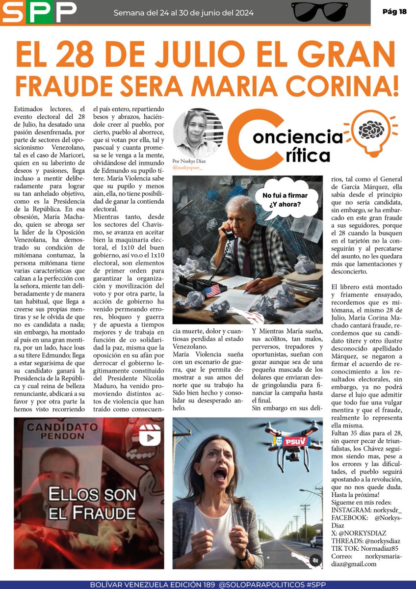 _Cnestor's tweet photo. @NORKYSDIAZ  Este último lunes de junio, les presento mi columna CONCIENCIA CRITICA Nro 118, publicado en el seminario @soloparapoliticos de esta semana. VAMOS AL 28 CON MUCHA FUERZA PATRIOTA. SEGUIREMOS VENCIENDO SIN NINGUNA DUDA!🙋‍♀️🙋‍♀️🙋‍♀️ @NicolasMaduro https://t.co/v5AeZnA2ZZ