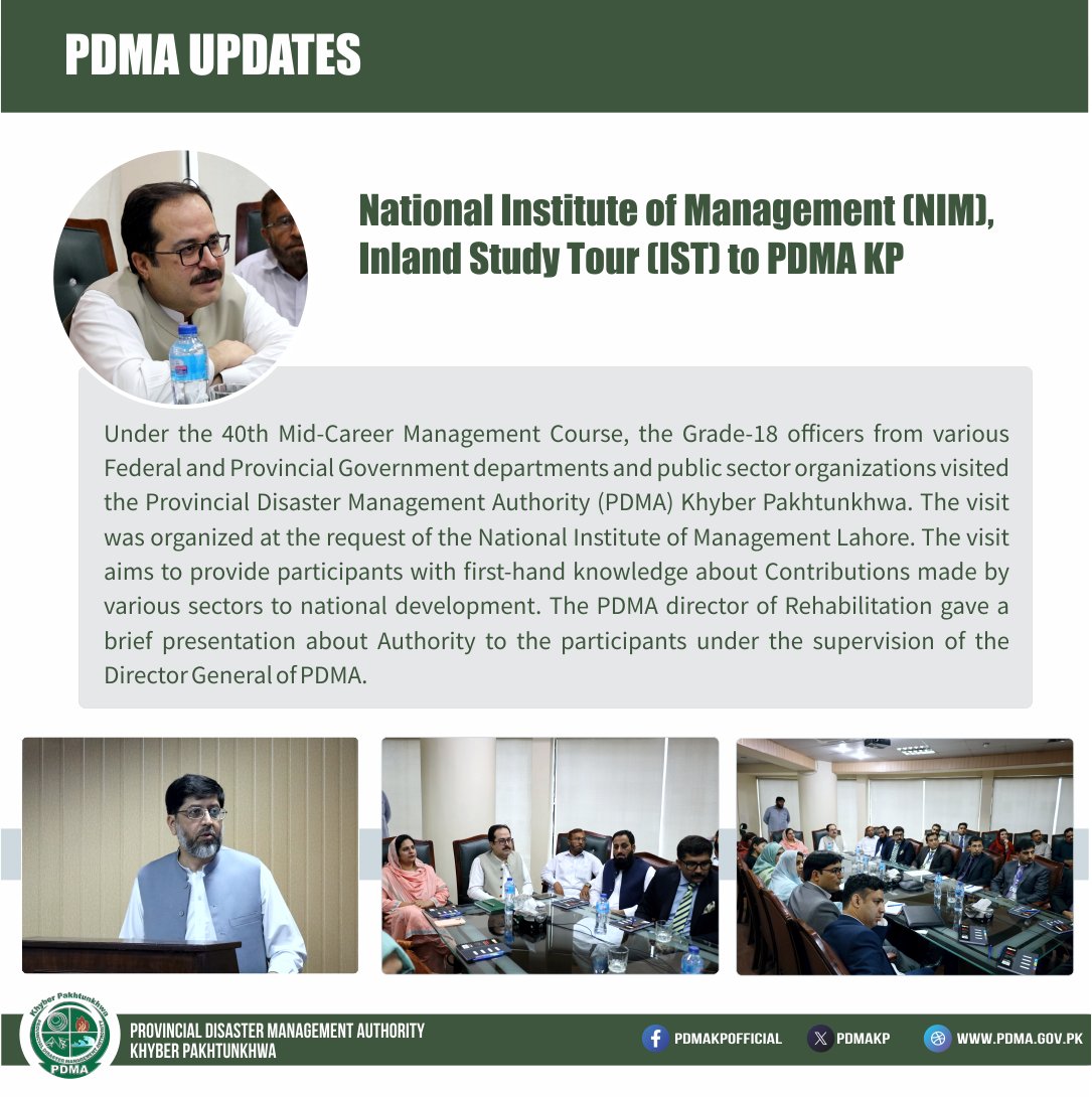 PDMAKP's tweet photo. Under the 40th Mid-Career Management Course, the Grade-18 officers from various Federal and Provincial Govt dept & public sector organization visited the PDMA KP.
#PDMAKP #pdmaupdates #NIM #nimlahore #inlandstudytour #IST
#40thmid
@caesar_kahn @SobiaZiaK
@infokpgovt https://t.co/Fqybs2SLqJ