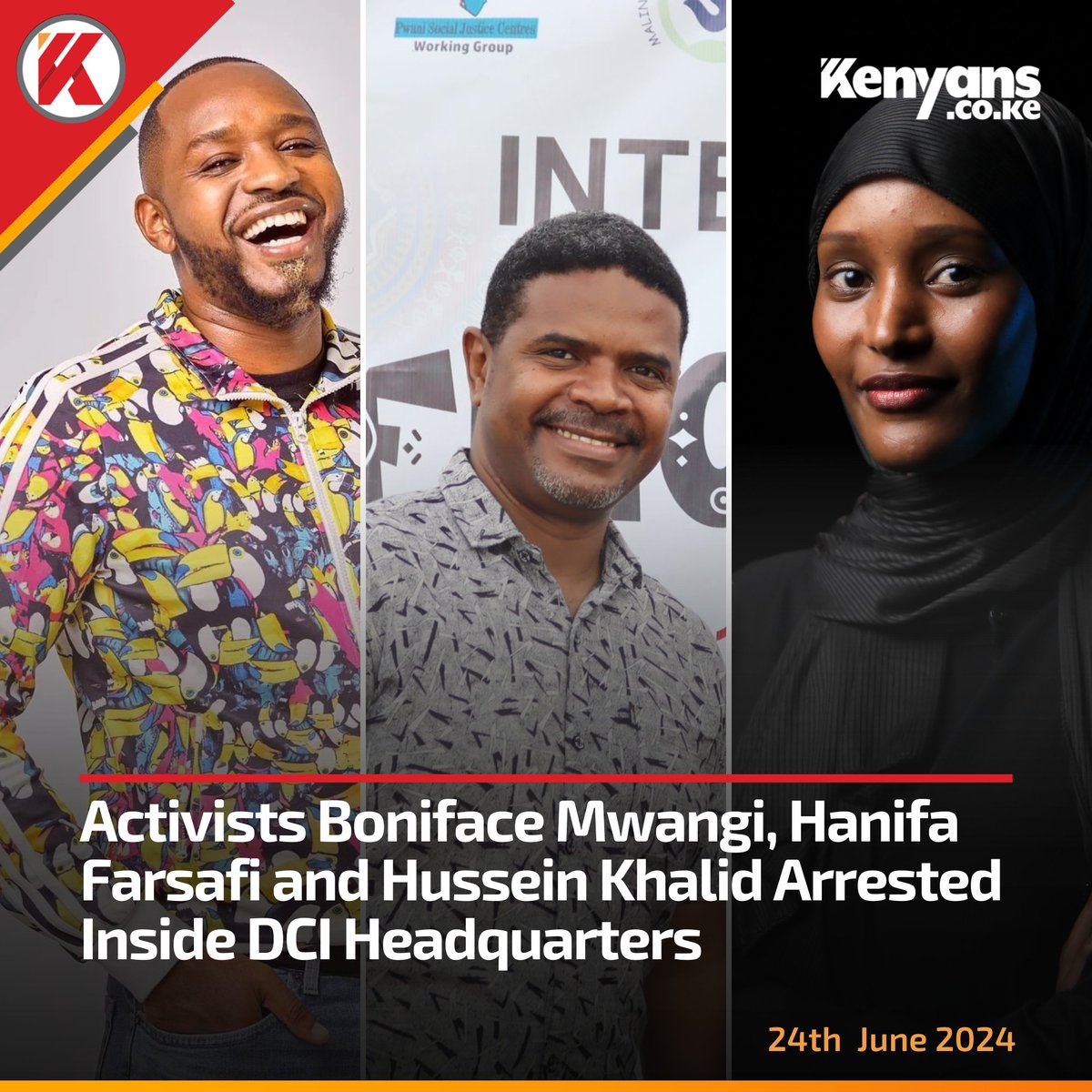 Kenyans's tweet photo. Activists Boniface Mwangi, Hanifa Farsafi and Hussein Khalid arrested inside DCI headquarters https://t.co/xafHsZmW45