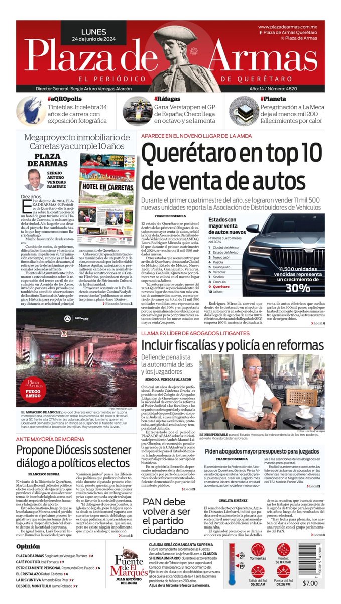 ¡Buen día! Hoy en Plaza de Armas:
👉Querétaro en top 10 de venta de autos 
👉Incluir fiscalías y policía en reformas 
👉Propone Diócesis sostener dialogo a políticos electos