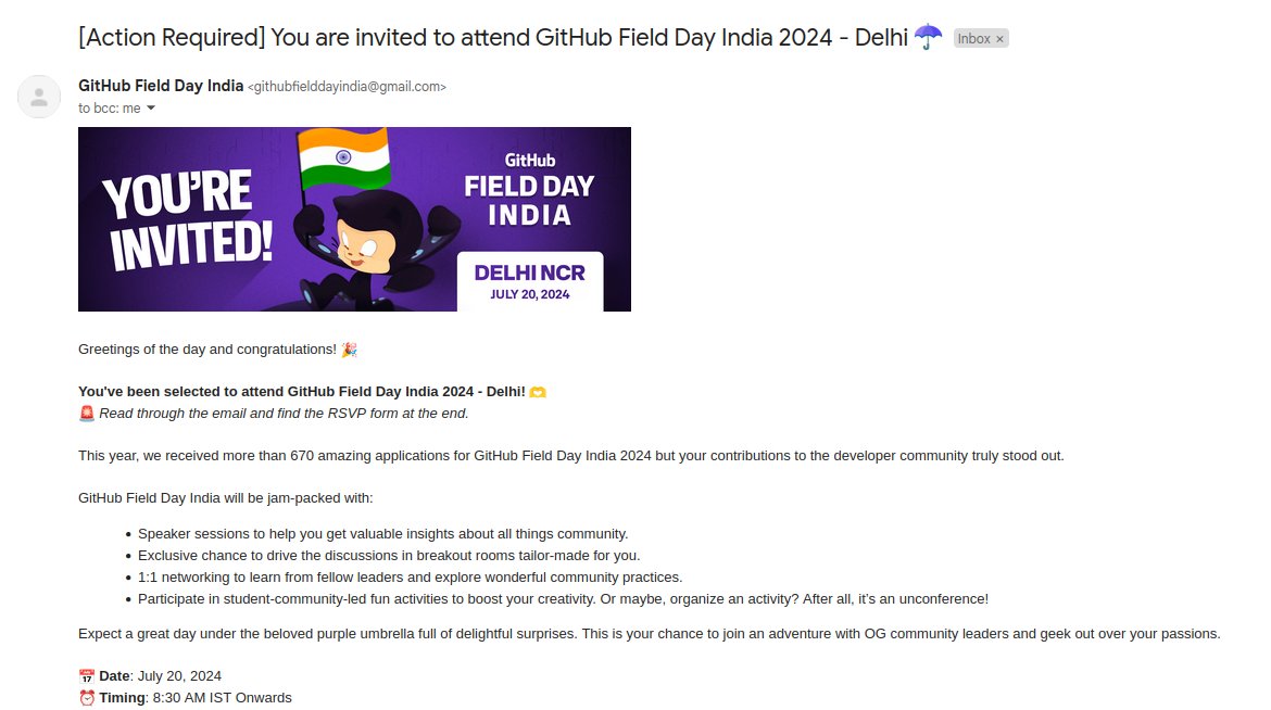itshypon's tweet image. Got an invitation for #GitHubFieldDayIndia !
July is full of events and meetups :)
#GHFD2024