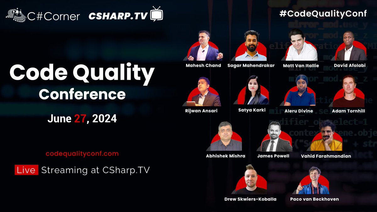 CSharpDotTV's tweet image. Check out this awesome lineup of #speakers for #CodeQualityConf - 2024! Get ready for insightful sessions on code quality and best practices.

Register now: codequalityconf.com

@mcbeniwal @DevPaco @_jinget @vanitallie_matt @SysAdminDrew @AdamTornhill @SatyaKarki @rijsat…