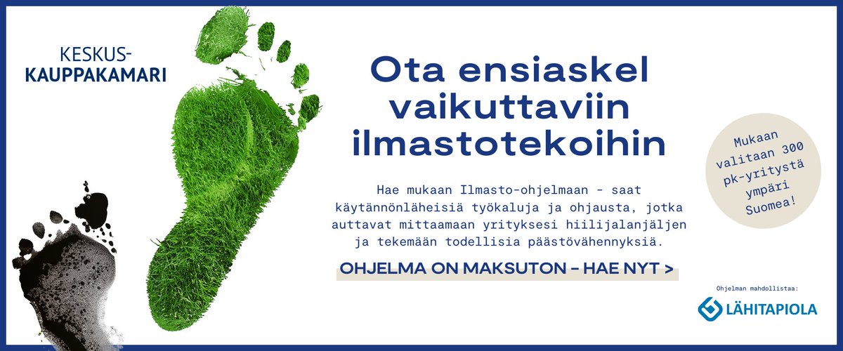 Tänä vuonna ensi kertaa 200 yrityksen kanssa toteutettu pk-yritysten ilmasto-ohjelma saa jatkoa - ja kasvaa.

Vuonna 2025 tarjoamme maksuttoman ilmasto-ohjelman <a href="/Lahi_Tapiola/">LähiTapiola</a> tuella 300 pk-yritykselle.

Haku ohjelmaan on käynnissä nyt: 👇
kauppakamari.fi/vastuullisuus/… 1/3