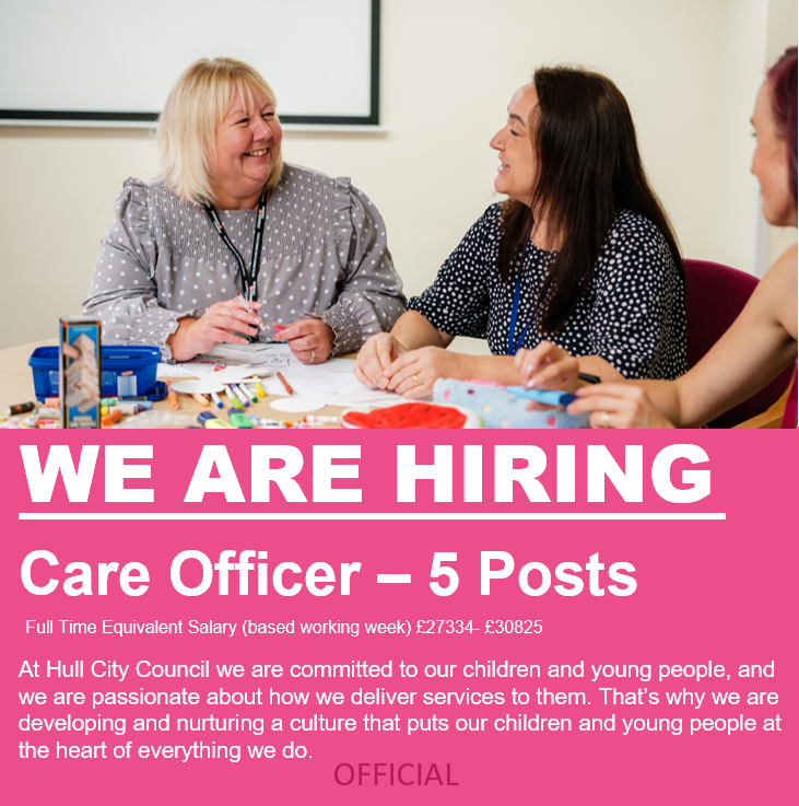 **WE ARE HIRING**
Care Officer - 5 POSTS

Closing Date: 14th July 2024

Are you playful and accepting, can you show curiosity and empathy?
If you can then you have something really special to offer our Children living in Children’s Homes.

hullcc.gov.uk/jobs/caresocia…