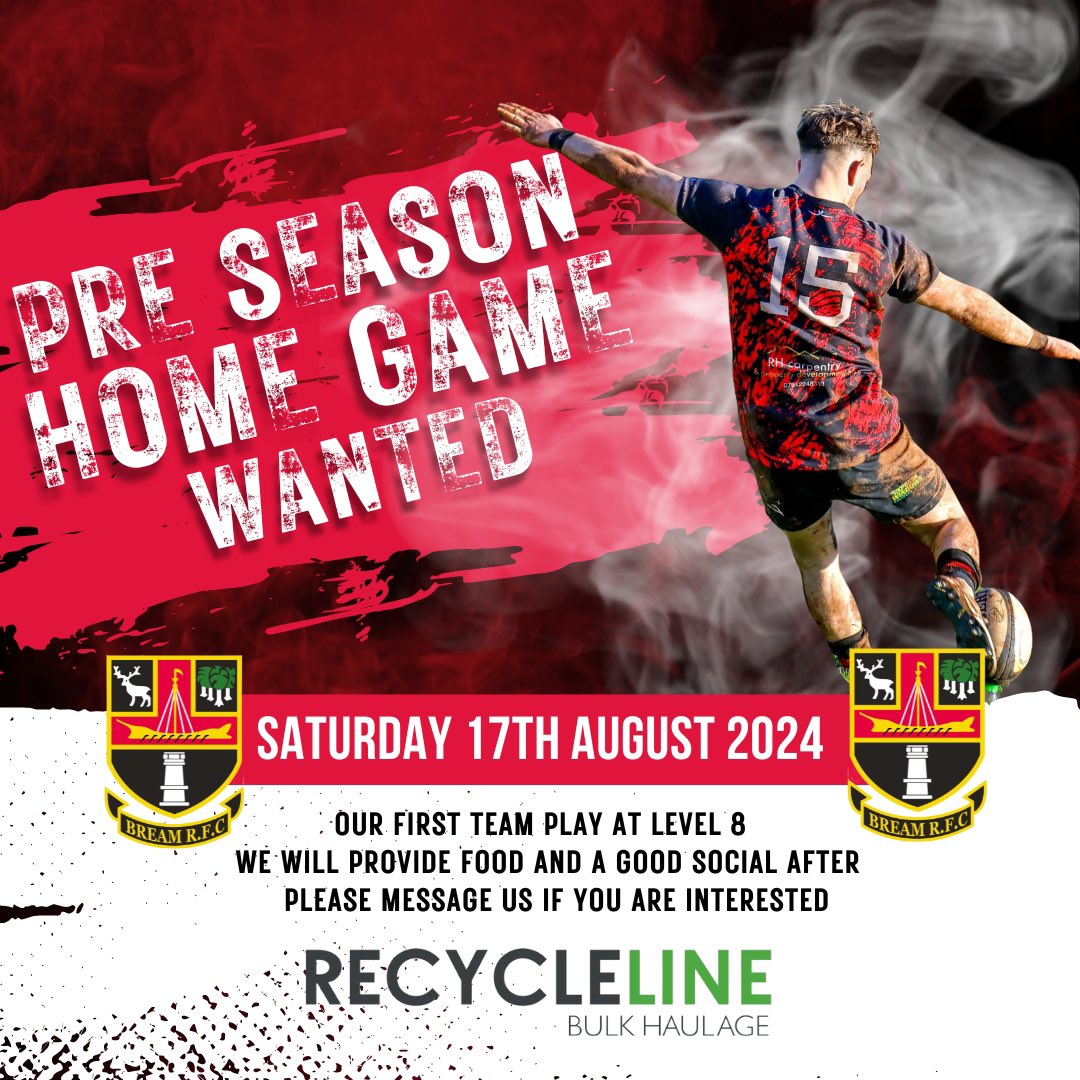 ‼️ PRE SEASON FIXTURE WANTED ‼️

📅 Saturday 17th August 2024 @ Bream RFC

👇🏻All details below.

#WEAREBREAM
🔴⚫️🔴⚫️🔴
<a href="/local_rugby/">Local Gloucester Club Rugby</a> <a href="/GRFUrugby/">#GRFU</a> <a href="/GRFUVol/">@GloucsCountyRFU</a> <a href="/SW_Rugby/">SW Rugby</a> <a href="/rugby/">Rugby</a>