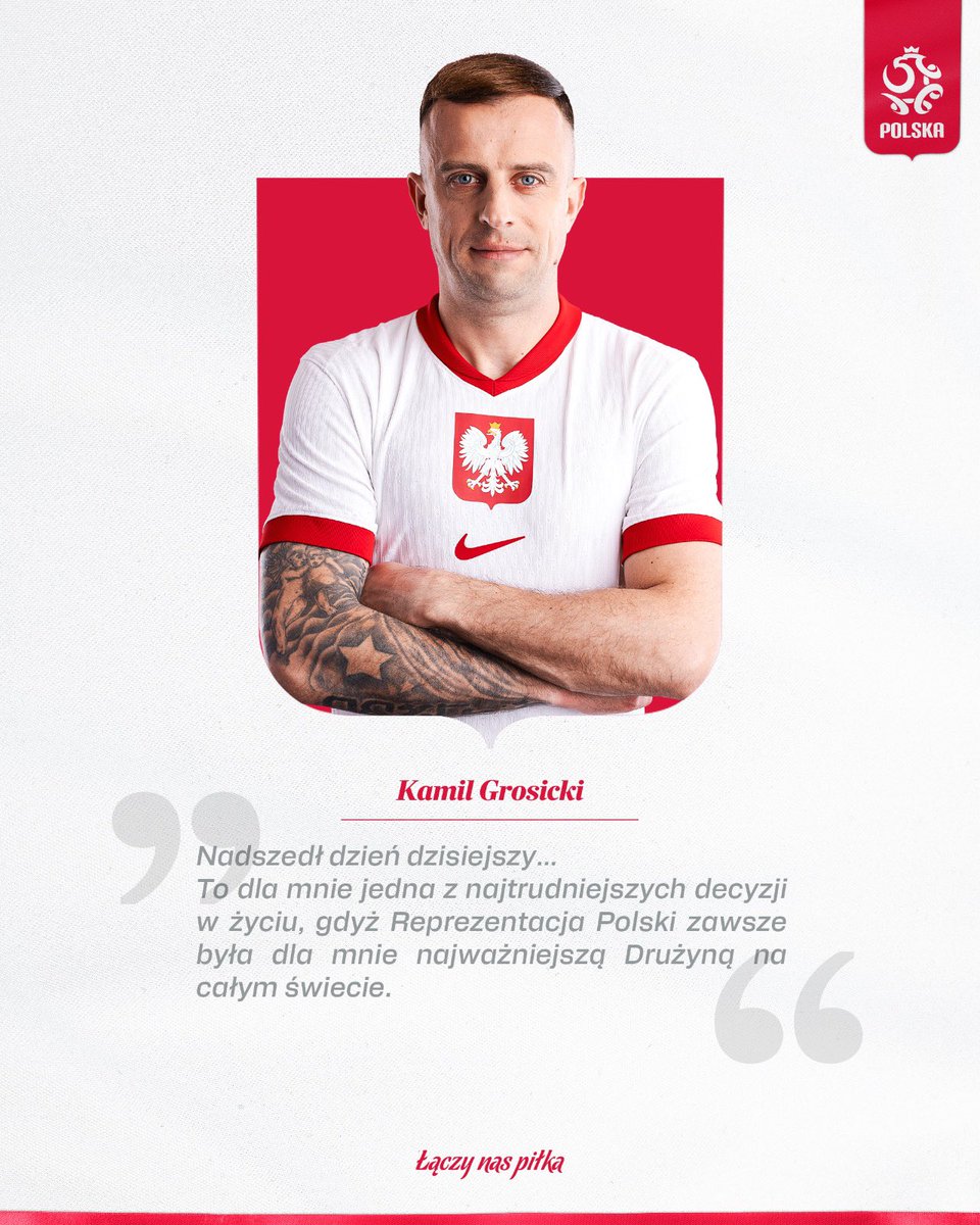 Drodzy Kibice, nadszedł dzień, w którym postanowiłem zakończyć moją piękną reprezentacyjną karierę 🇵🇱 Przez ponad 16 lat zakładałem biało-czerwoną koszulkę 94 razy i za każdym razem robiłem to z największą dumą. Dziś każdemu z Was chciałem napisać tylko jedno — DZIĘKUJĘ 🤍❤️