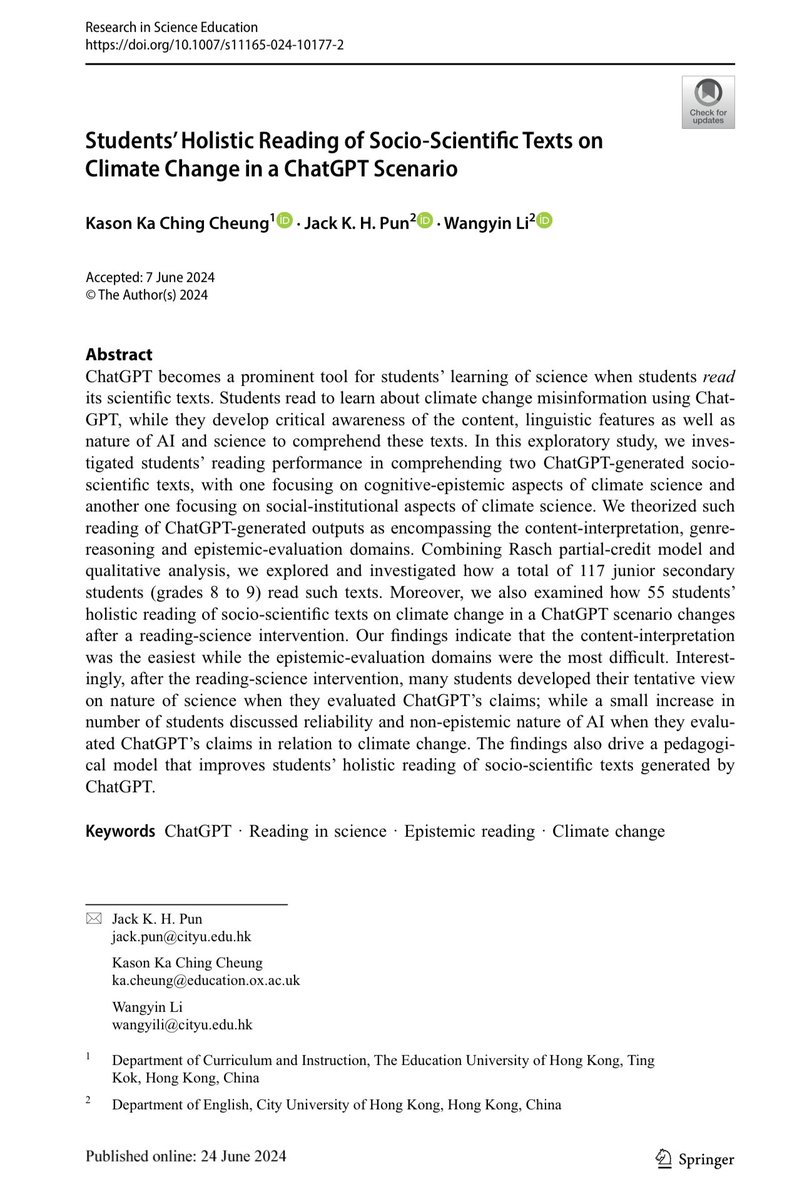Hot off the press! 📜 With <a href="/jackpun9/">Jack Pun</a> and Wangyin, this paper explores how students draw on their #epistemic reading to understand socioscientific texts in #ChatGPT interface. #AIEd #natureofscience #natureofAI
link.springer.com/article/10.100…
