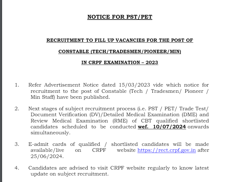 SarkariUjala's tweet photo. CRPF कांस्टेबल Tradesman भर्ती 2023
PET/PST/DV/Trade Test परीक्षा ��ा प्रवेश पत्र कल 25/06/2024 को जारी होगा
#SarkariUjala #CRPF 
Download Admit Card-:
https://t.co/kS8AjgAVlW https://t.co/bnutAcqcvF