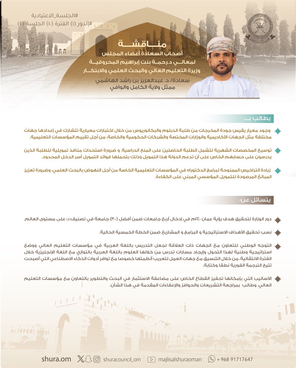 خلال مناقشته لـ #بيان_التعليم_العالي، سعادة د.عبدالعزيز الهاشمي: 

🔺 يطالب بوجود معيار يقيس جودة المخرجات من طلبة الدبلوم والبكالوريوس من خلال اختبارات معيارية تتشارك في إعدادِها جهاتٌ مختلفة مثل الجهات الأكاديمية والوزارات المختصة والشركات الحكومية والخاصة، من أجل تقييم