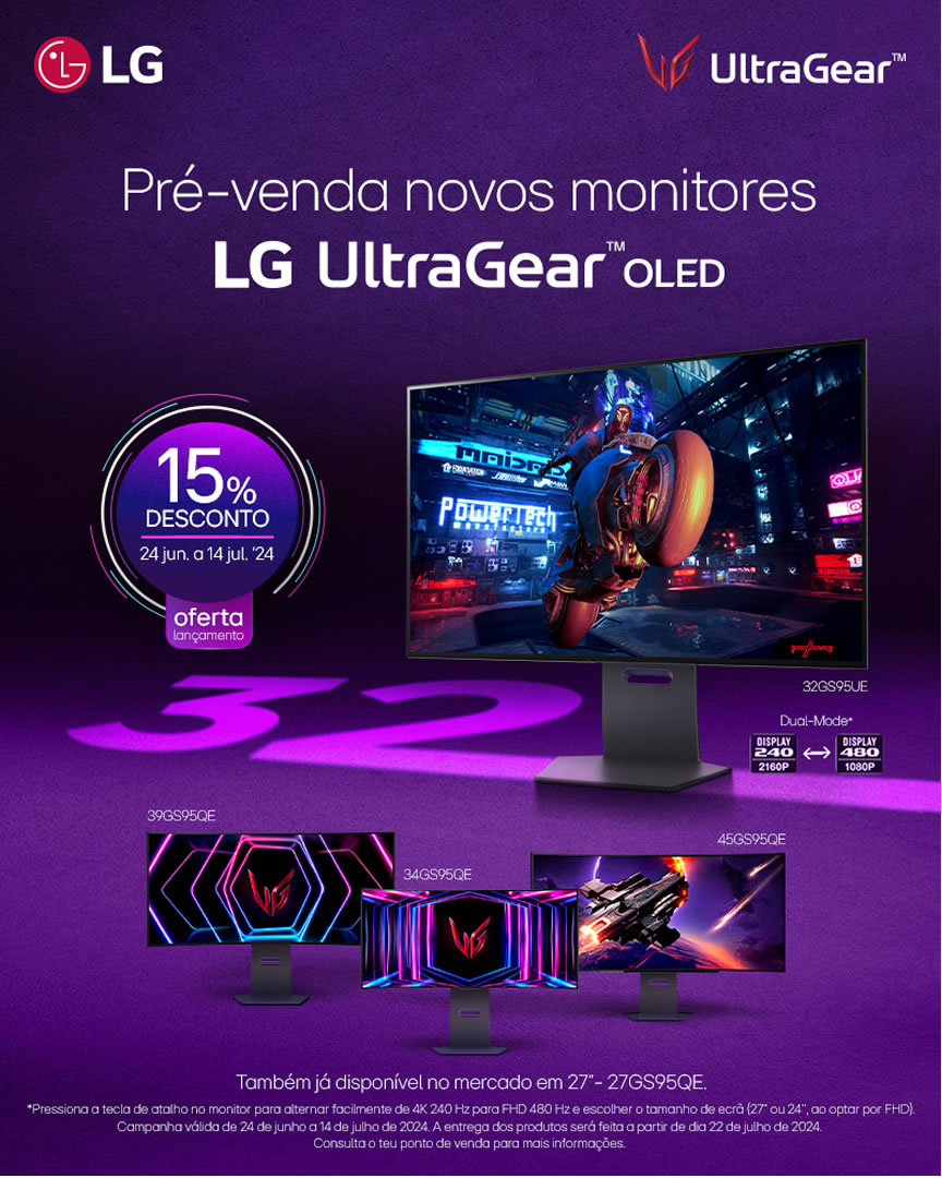 switchtechpt's tweet image. Não percas a pré-venda dos novos monitores LG UltraGear OLED , compra já e beneficia de 15% de desconto na campanha de lançamento!

Compra já aqui ➡️ bit.ly/4eAXR8s

#LG #ultragear #oled #monitor #gaming #4k #switchtechnology