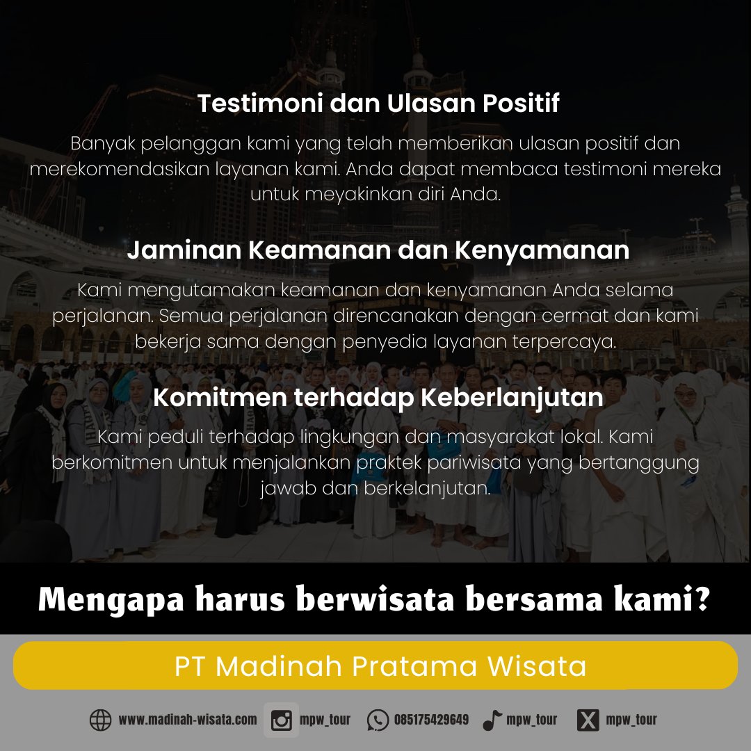 Selain Umroh, PT Madinah Pratama Wisata juga menyediakan layanan wisata loh, gaperlu khawatir deh, langsung simak postingan kita yuk untuk detailnya! ✨

────

Untuk informasi lebih lanjut bisa hubungi kami ke nomor
✅ ADMIN 0851-7542-9649