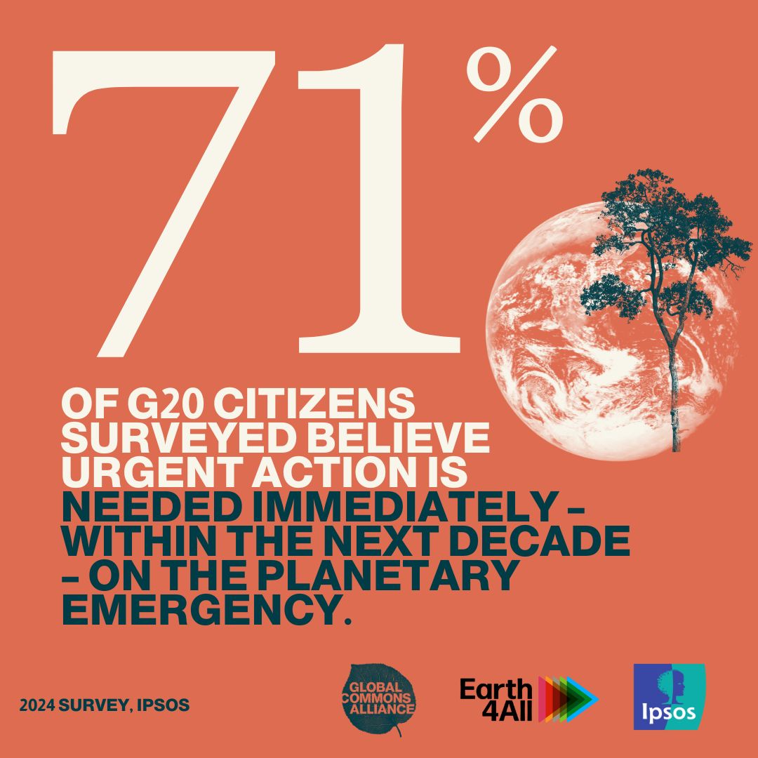🌎 It’s time for a Giant Leap! 

A strong majority of G20 citizens believe the world needs to take immediate action to reduce carbon emissions, according to a new survey.

Explore the results of the @‌Earth4All_ @‌GlobalCommonsHQ @‌Ipsos 2024 survey. 
👉  buff.ly/4cwIs7p