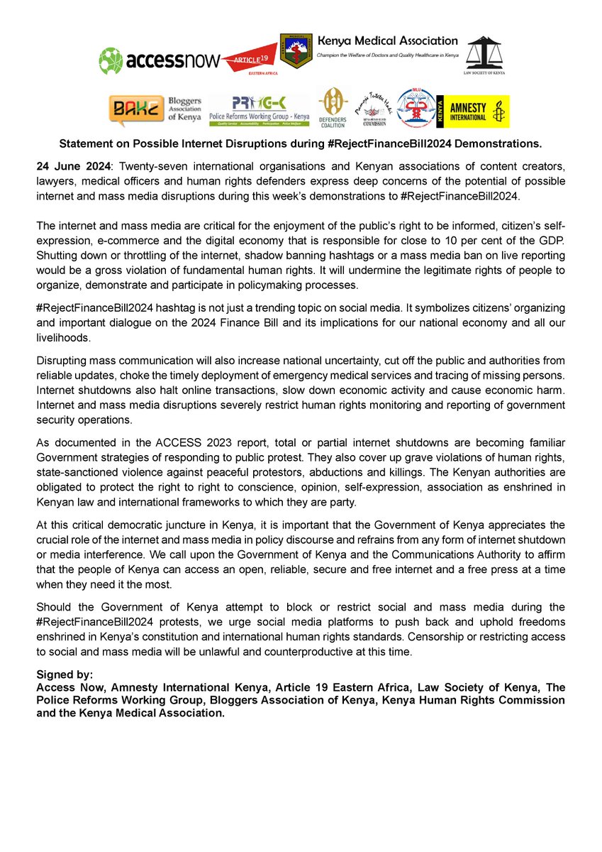 STATEMENT: Shutting down or internet throttling, shadow-banning hashtags, or banning live reporting are gross violations of human rights. Kenyans have the right to organize, demonstrate, and engage in policymaking. #ProtectTheProtest #TotalShutdownKenya amnestykenya.org/statement-on-p…