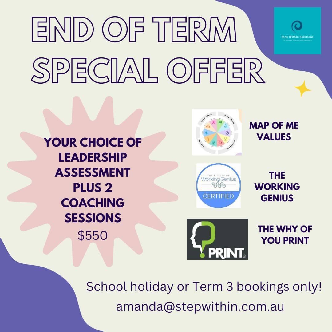 stepwithin's tweet image. If you&apos;ve ever been interested in leadership coaching using some effective self-awareness tools, I have a great end of term offer for you to consider.

Reach out if you want to learn more and feel free to share with your networks. 
amanda@stepwithin.com.au
