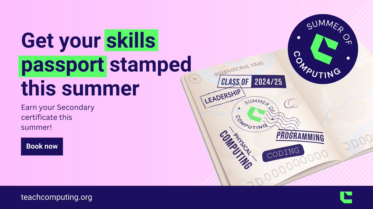 WeAreComputing's tweet image. Secondary teachers, it's time to supercharge your knowledge this #SummerofComputing! Enrol on the Secondary certificate to:
โ๏ธ  develop your knowledge
๐  gain confidence to teach great lessons
โ๏ธ  become active in the computing community
๐ ncce.io/primarycertifiโฆ
