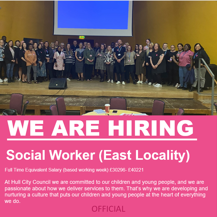 **WE ARE HIRING**

Social Worker (East Locality)

We are looking for experienced social workers to join us at East Locality in Hull as we continue on our improvement journey to provide outstanding services and outcomes for all of our children. 

hullcc.gov.uk/jobs/caresocia…