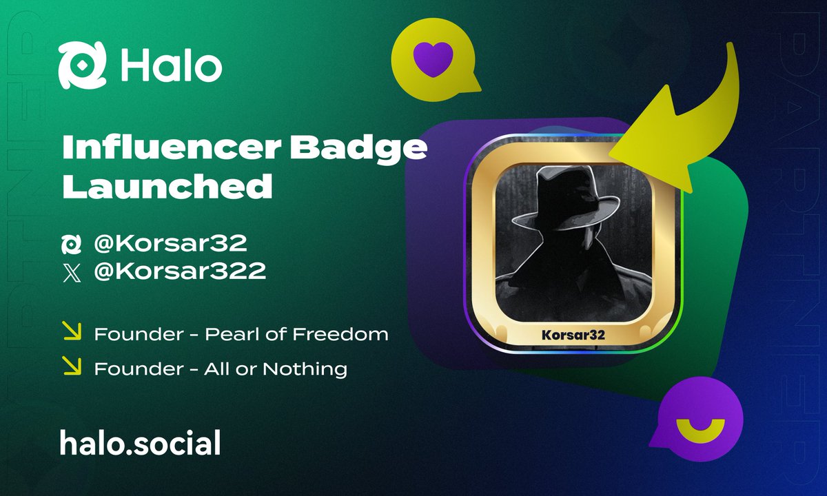 Influencer badges have launched on <a href="/HaloDotSocial/">Halo | halo.social 😇</a> !

Now you can buy my badge and gain several benefits:

- 50% of my influencer income
- Share of 800K XP based on our league's ranking in Halo
- Earn a share of 20% of Halo’s revenue
- Compete for a grand prize worth 20,000 USDT
-