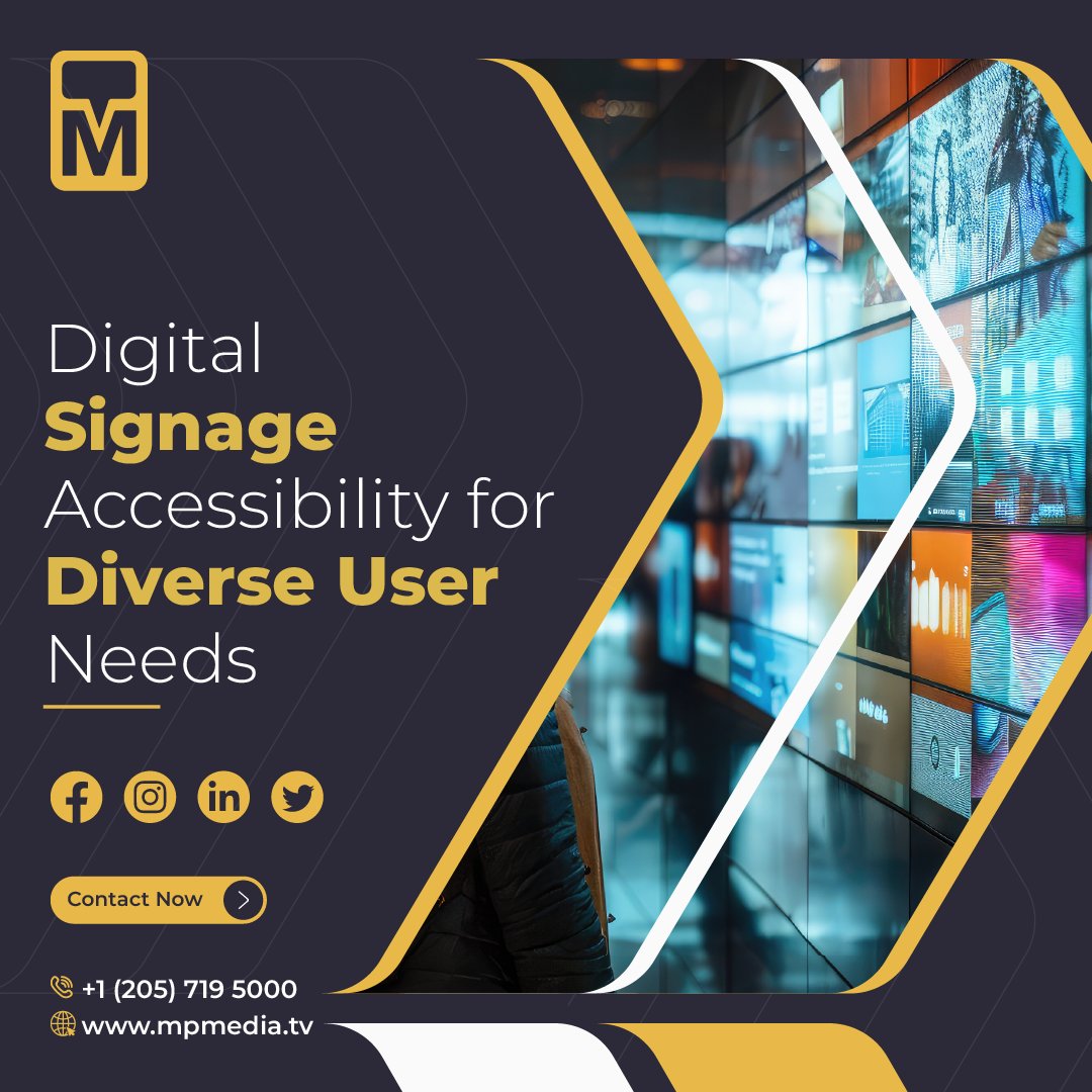 MessagePTMedia's tweet image. Digital signage accessibility ensures information is reachable to all users, including those with disabilities. Features such as #voicecommands, high-contrast visuals, and adjustable font sizes enhance usability for #visuallyimpaired individuals.