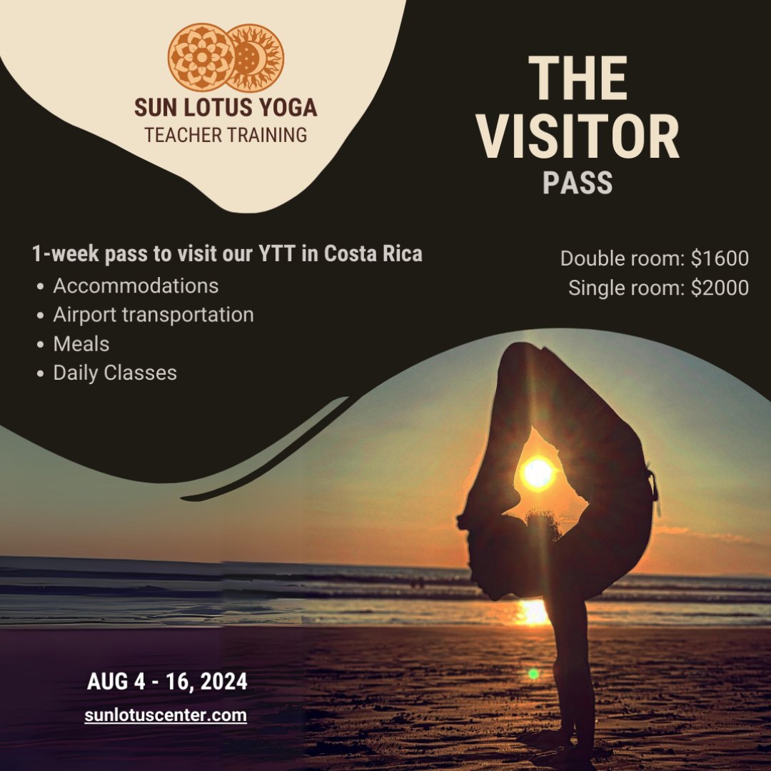 Exciting news! Introducing THE VISITOR PASS 🧘‍♀️

This 1-week pass to visit our Yoga Teacher Training in Costa Rica 🏝️ includes:

🏨 Accommodations
🚘 Airport transportation
🍱 Meals
🧘 Daily Yoga classes

🚨 LIMITED SPOTS!
Reserve at sunlotuscenter.com/teachertraining

#yogateachertraining