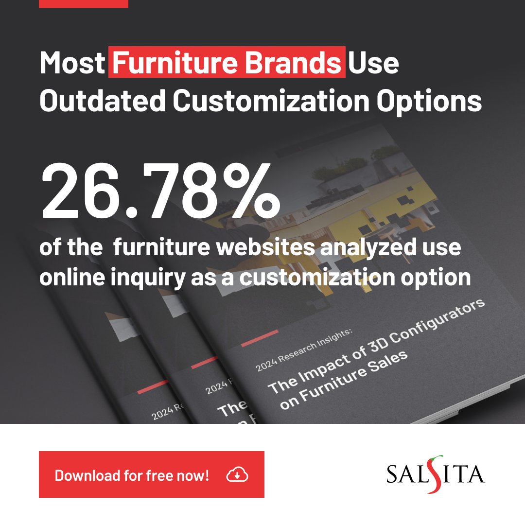 Nothing is more annoying for online shoppers than filling out forms to customize furniture. 😩

Download our latest research insights with exclusive data to learn more about the impact of 3D configurators on furniture sales.

Download here for free:  salsita.ai/white-papers/f…