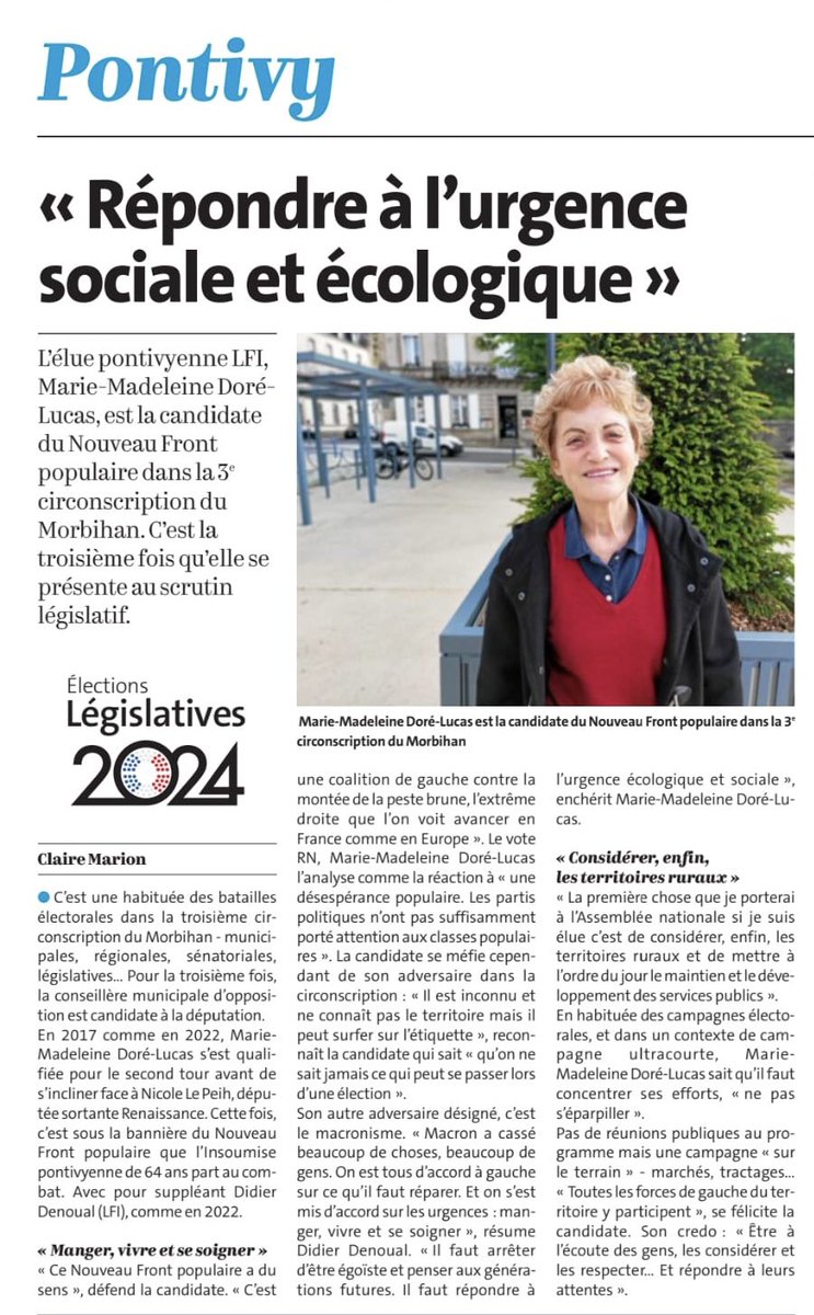 mdorelucas's tweet photo. Merci au @LeTelegramme pour l’article. Le 30 juin mobilisons nous pour le Nouveau Front Populaire ✊🏻 https://t.co/5x47KjTWc7