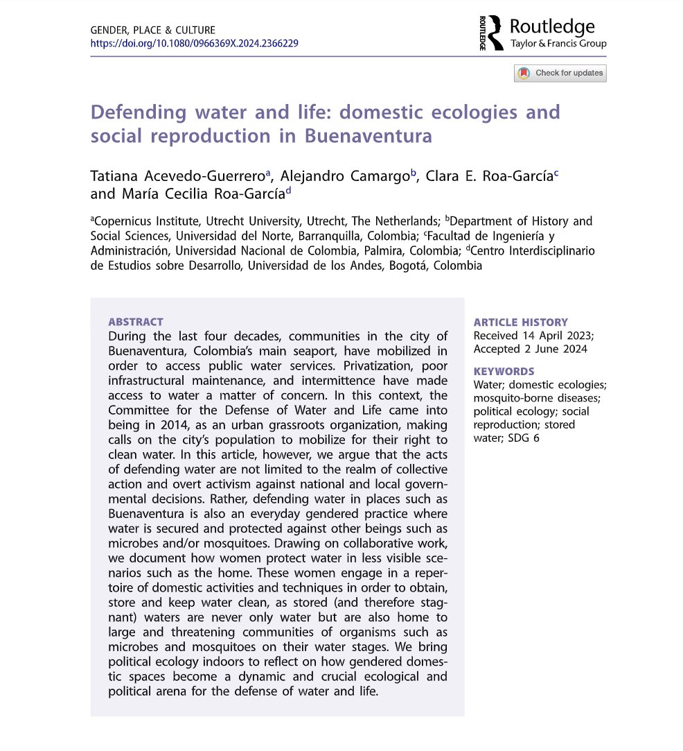 Alejandro Camargo 𓆝 𓆜 𓆞 (@prochilodus) on Twitter photo “Defending water and life: domestic ecologies and social reproduction in Buenaventura” just out in <a href="/GPCjournal/">Gender, Place and Culture</a> ⚡️💥 tandfonline.com/doi/full/10.10… “Defending water and life: domestic ecologies and social reproduction in Buenaventura” just out in <a href="/GPCjournal/">Gender, Place and Culture</a> ⚡️💥 tandfonline.com/doi/full/10.10…