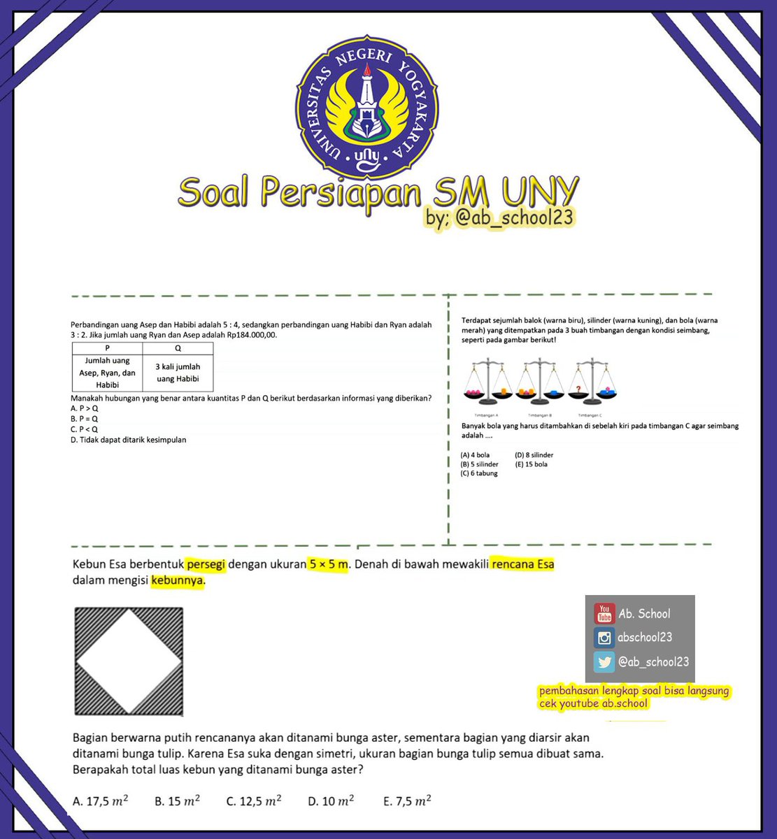 SM UNY 2024!
Buat yang mau Tes Ujian Mandiri UNY (SM UNY), yuk latihan tipe soal-soal Penalaran Matematikanya yg sering muncul! 
Untuk pembahasan lengkapnya bisa langsung cek kesini youtu.be/Qd5DgpeRgag?si…