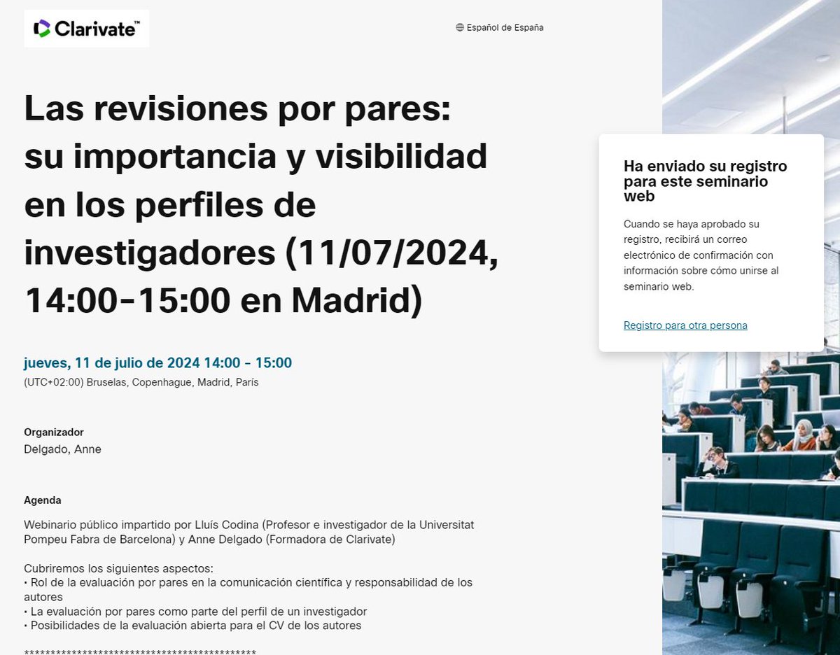 Webinar➡️ Las revisiones por pares: su importancia y visibilidad en los perfiles de investigadores de Web of Science 
🗓️11/07/2024, 14:00-15:00 en Madrid
Impartido por Lluís Codina y Anne Delgado 
inscripción 🔗clarivatesupport.webex.com/webappng/sites…