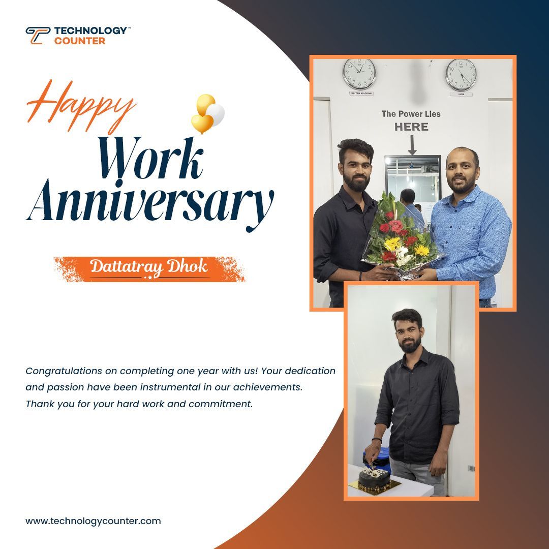 technologycount's tweet image. Congratulations Dattatray Dhok on completing your first year with TechnologyCounter. Thank you for being an invaluable part of our team. Here's to many more years of success together! ๐๐
#WorkAnniversary #TeamSuccess #TechnologyCounter