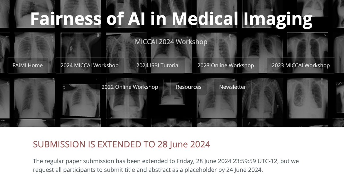 Are you working on fairness of AI in medical imaging? 

We just extended the deadline for the FAIMI workshop <a href="/MICCAI_Society/">MICCAI Society</a> until 28th June!

👉 More info: faimi-workshop.github.io/2024-miccai/