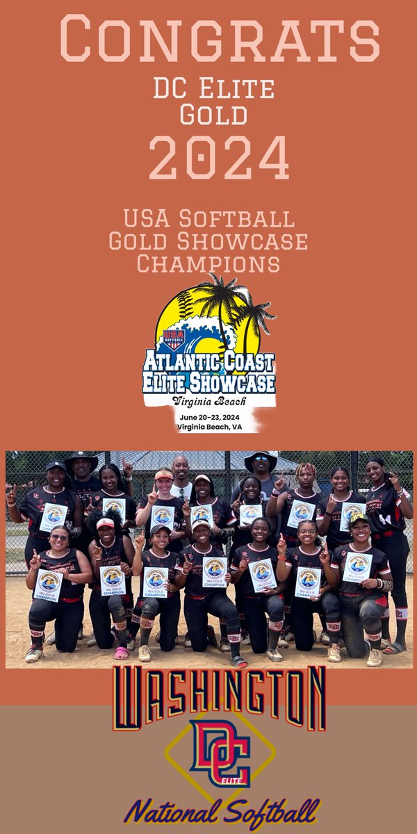 DC Elite Gold 18u 
Record 7-0-1
USA Atlantic Coast Elite Showcase

18U Gold Champion - DC Elite Gold 
18U Gold Runner Up - ShenVal Swarm 18U Black 
18U Silver Champion - EC Bullets Thorpe 
18U Silver Runner Up - Inferno 18U Barfield