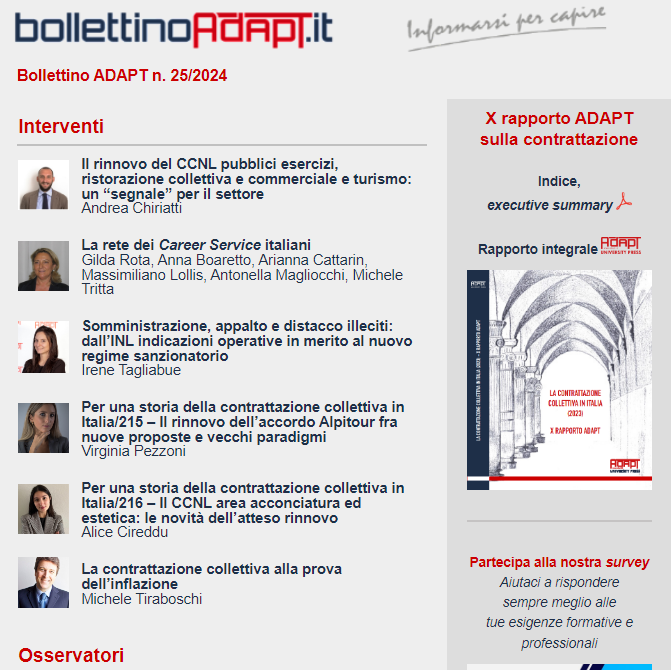 🆕#BollettinoADAPT n. 25/2024

#sicurezzasullavoro #appalti #somministrazione #assegnodiinclusione #lavorodomestico #rapportoADAPT #orariodilavoro #formazioneduale #apprendistato #ITS

➡️Leggi qui: mailchi.mp/adapt/bolletti…

🖊️Iscriviti alla newsletter: bollettinoadapt.us3.list-manage.com/subscribe?u=47…