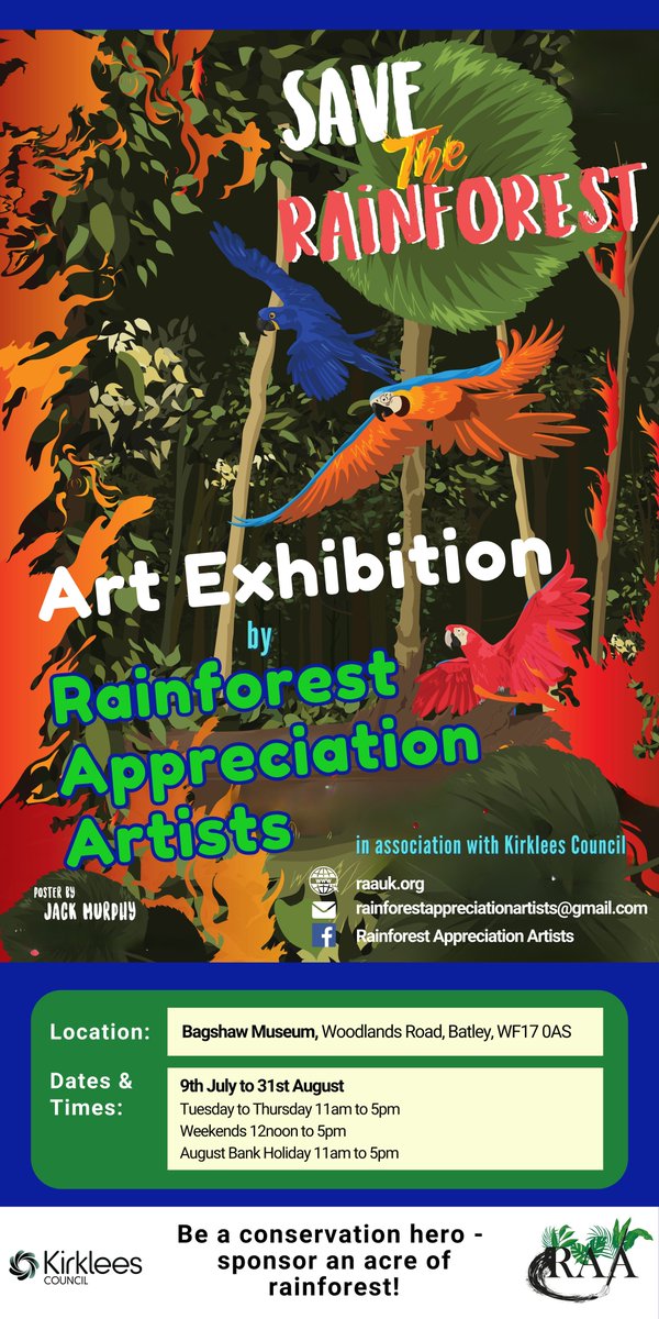 Kirklees Museums (@kirkleesmuseums) on Twitter photo We're excited to welcome #RainforestAppreciationArtists to #BagshawMuseum this Summer!
Opening 9th July, the Art Exhibition celebrates rainforests and their stunning wildlife, features activities for all ages & showcases work by artists from around the world.
<a href="/KirkleesCouncil/">Kirklees Council</a> We're excited to welcome #RainforestAppreciationArtists to #BagshawMuseum this Summer!
Opening 9th July, the Art Exhibition celebrates rainforests and their stunning wildlife, features activities for all ages & showcases work by artists from around the world.
<a href="/KirkleesCouncil/">Kirklees Council</a>