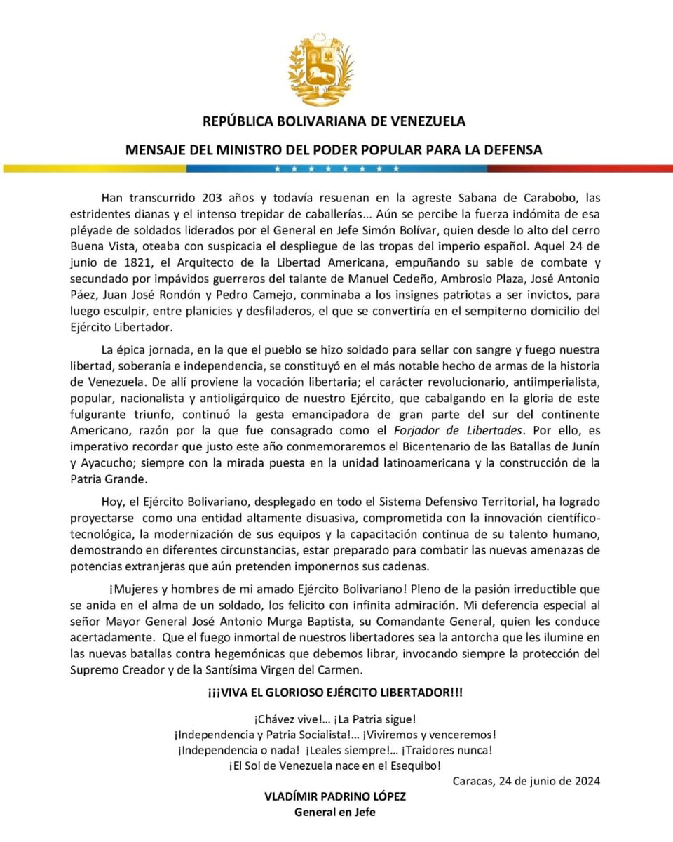 Mensaje de nuestro Ministro del Poder Popular para la Defensa, G/J Vladimir Padrino López, en ocasión de celebrarse el 203° Aniversario de la Batalla de Carabobo y Día del Ejército Bolivariano.