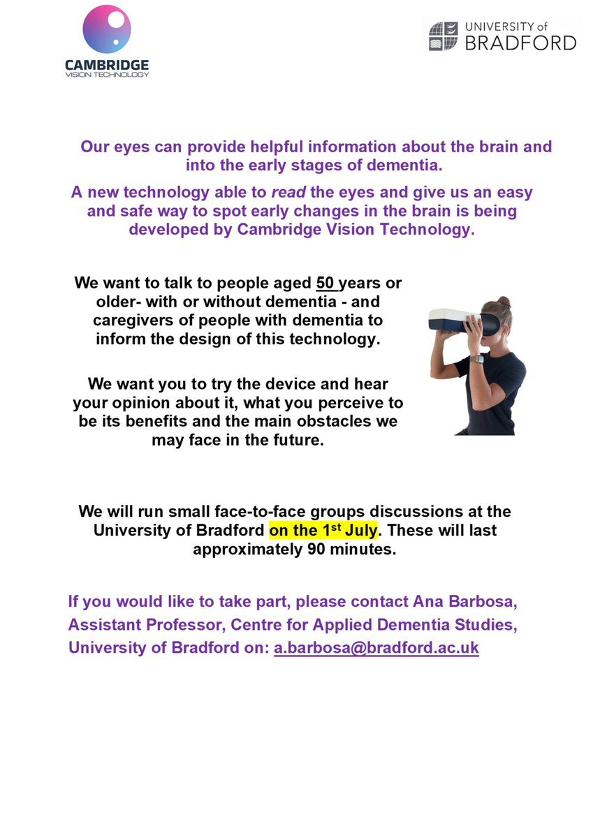 Dementia at Bradford (@dementia_uob) on Twitter photo Are you 50+ or a caregiver for someone with dementia? We're seeking participants to help shape a new technology. Your feedback is crucial!
🔹 Try the device
🔹 Share your opinion on its benefits & obstacles
📌1st July, <a href="/UniofBradford/">University of Bradford</a>
📞a.barbosa@bradford.ac.uk |@anitabalonas Are you 50+ or a caregiver for someone with dementia? We're seeking participants to help shape a new technology. Your feedback is crucial!
🔹 Try the device
🔹 Share your opinion on its benefits & obstacles
📌1st July, <a href="/UniofBradford/">University of Bradford</a>
📞a.barbosa@bradford.ac.uk |@anitabalonas