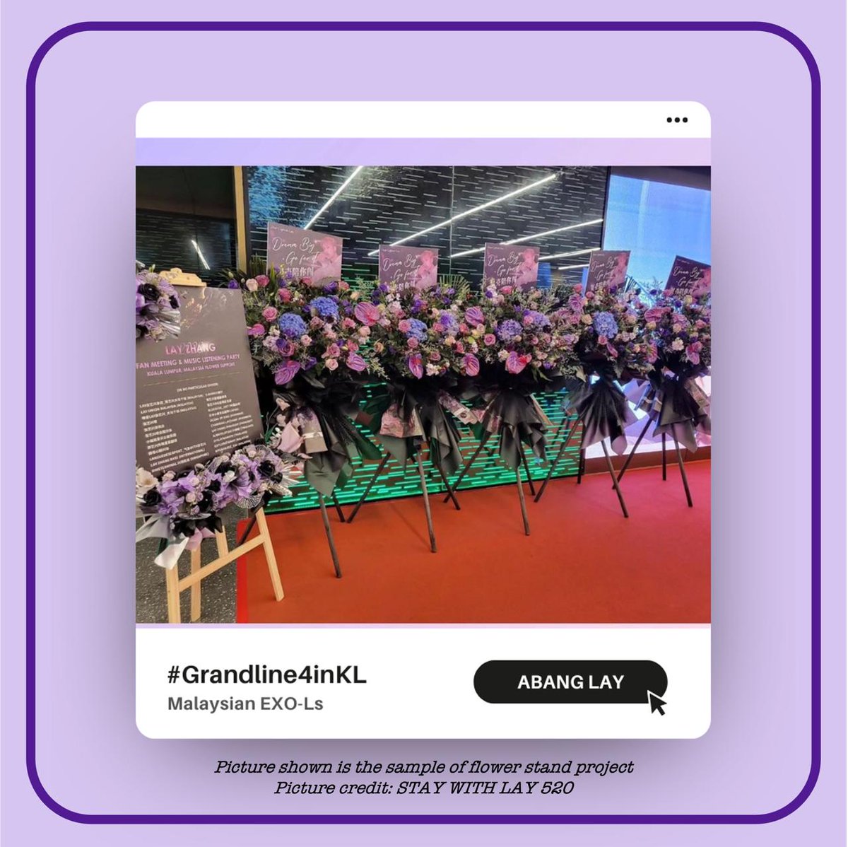 exopearlunionmy's tweet photo. 🐑Grandline#4: STEP in KL💜

We have set up a fundraising event to join the flower stand project under the name 𝗠𝗔𝗟𝗔𝗬𝗦𝗜𝗔𝗡 𝗘𝗫𝗢-𝗟𝘀 for our Abang Lay in #Grandline4inKL fanproject organised by @layunionMY &amp; @StayWithLAY520

🎯RM500
🗓26.6.24

🔗 https://t.co/qQ4CVqNSwt https://t.co/E9dWNZQoRB