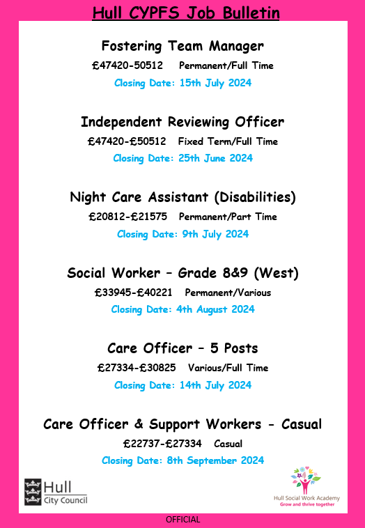 June 2024 - Current Vacancies

A fantastic range of job opportunities in Children and Family Services in Hull City Council.
If you're interested and would like to find out more, visit 'Current Vacancies' on the Hull City Council website😀

#Jobs #Opportunities #SocialWork #HullCC