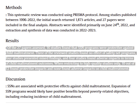 "Among 27 studies, 16 found that social safety nets were protective against child maltreatment" [in the US]

New in <a href="/AmJPrevMed/">American Journal of Preventive Medicine (AJPM)</a> by <a href="/TiaPalermo/">Tia Palermo</a> <a href="/PatriciaLoganG2/">Patricia Logan-Greene</a> @smlima_mph Grooms &amp; <a href="/denise_goblue/">Denise Lillvis</a> 

cc. @ubuffalo <a href="/2pelab/">@2PELab</a> 

sciencedirect.com/science/articl…