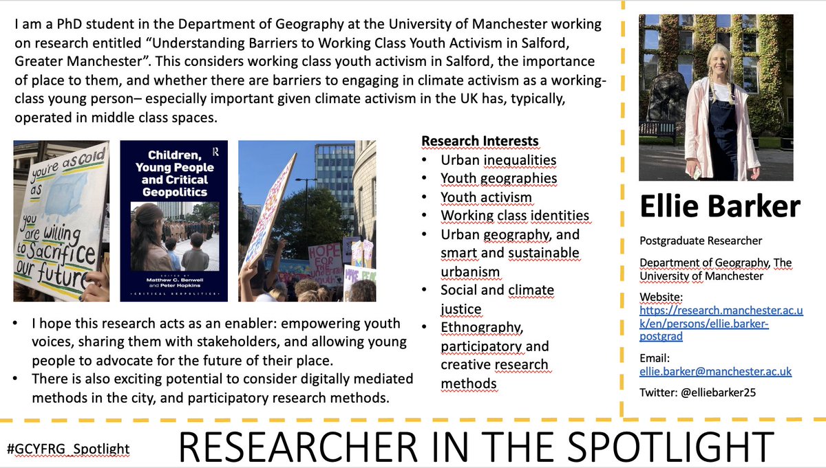 GCYFRG (RGS-IBG) (@gcyfrg) on Twitter photo Introducing our latest #GCYFRG_Spotlight
<a href="/elliebarker25/">Ellie Barker</a>, based at <a href="/OfficialUoM/">The University of Manchester</a>
Her research explores working-class youth climate activism. See her full profile here: gcyfrg.wixsite.com/gcyfrg/researc⦠Introducing our latest #GCYFRG_Spotlight
<a href="/elliebarker25/">Ellie Barker</a>, based at <a href="/OfficialUoM/">The University of Manchester</a>
Her research explores working-class youth climate activism. See her full profile here: gcyfrg.wixsite.com/gcyfrg/researcā¦